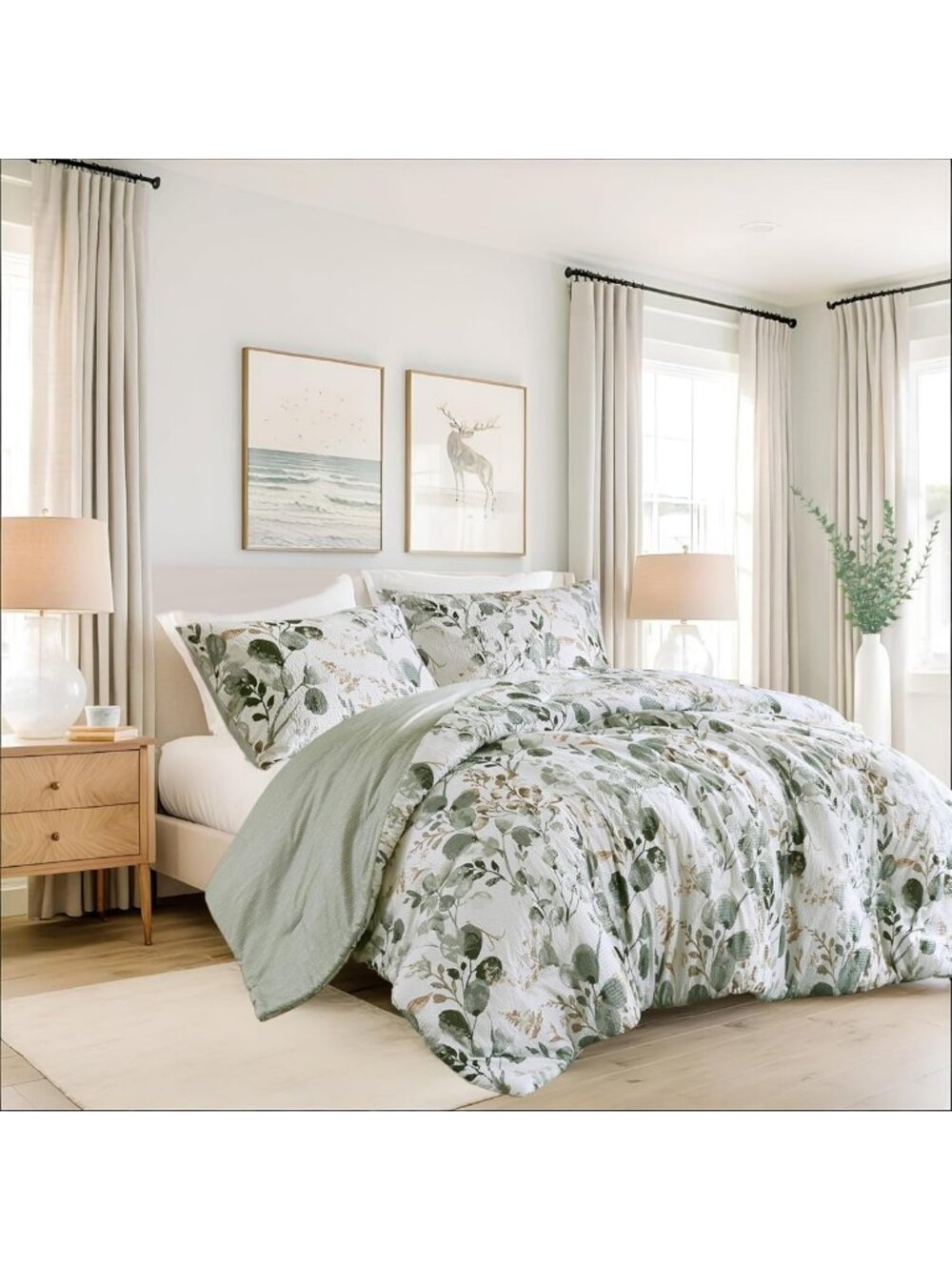 Queen Size Lightweight Reversible Botanical Comforter Set, 3-Piece Microfiber